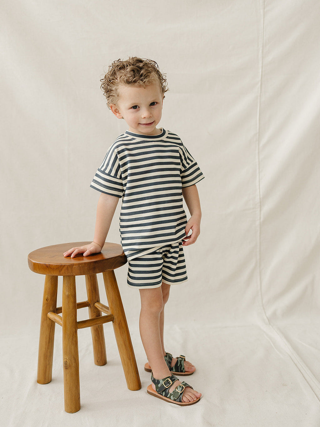 Navy Stripe Button Short Set